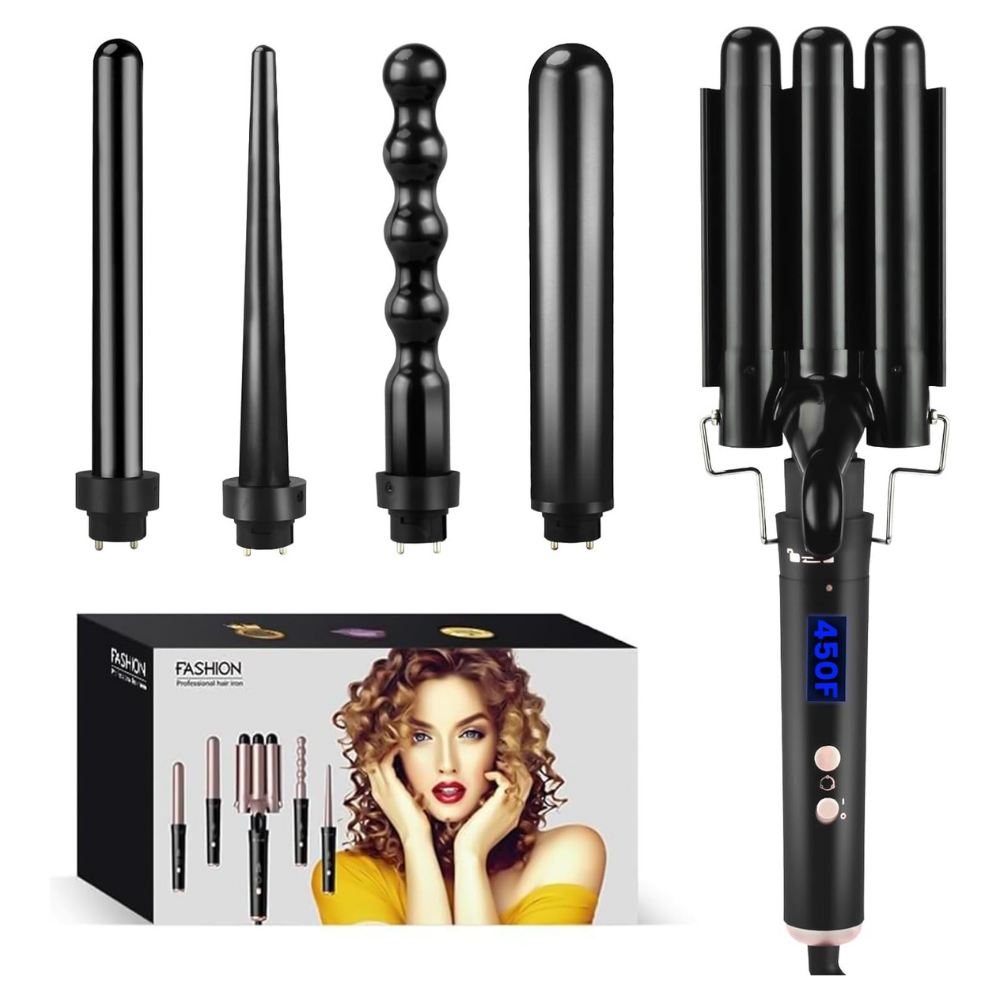 5-in-1 Curling Wand Set – Instant Heat Curling Iron Kit with Digital Display (Black) NBHS