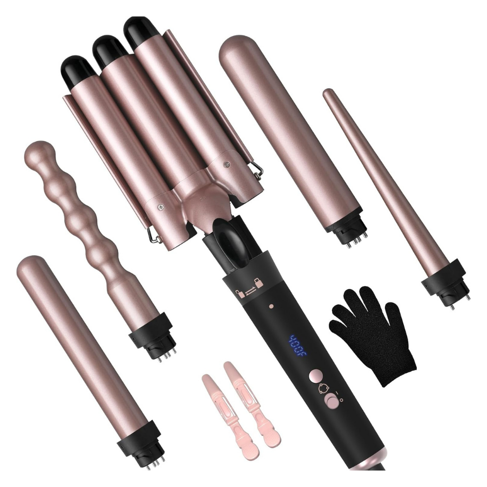 5-in-1 Curling Iron Set with Ceramic Barrels & 3-Barrel Waver – Adjustable Temperature for Long & Short Hair NBHS