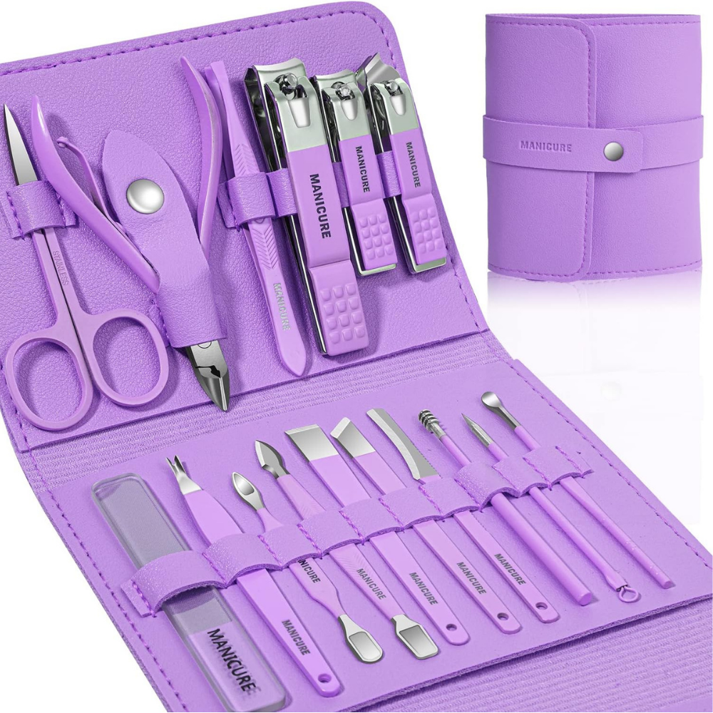 16-Piece Professional Manicure & Pedicure Kit – Violet Stainless Steel Nail Clippers Set with Leather Case NBHS