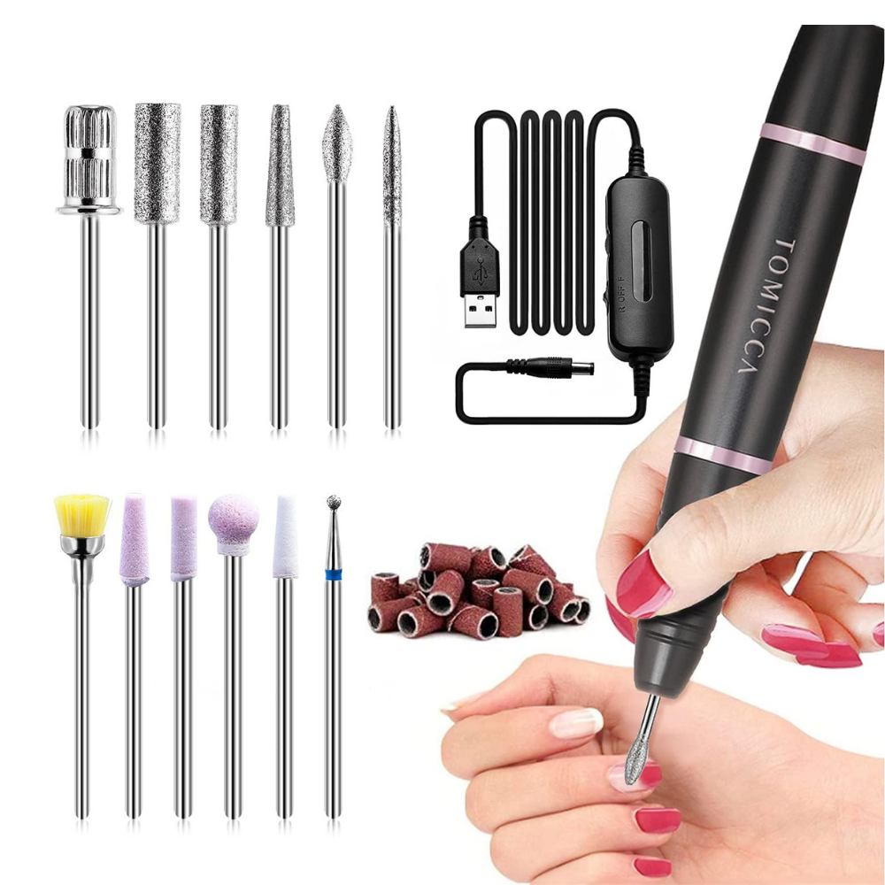 TOMICCA Professional Electric Nail Drill Kit – 20,000 RPM Nail File Machine with 12 Bits & USB Power NBHS