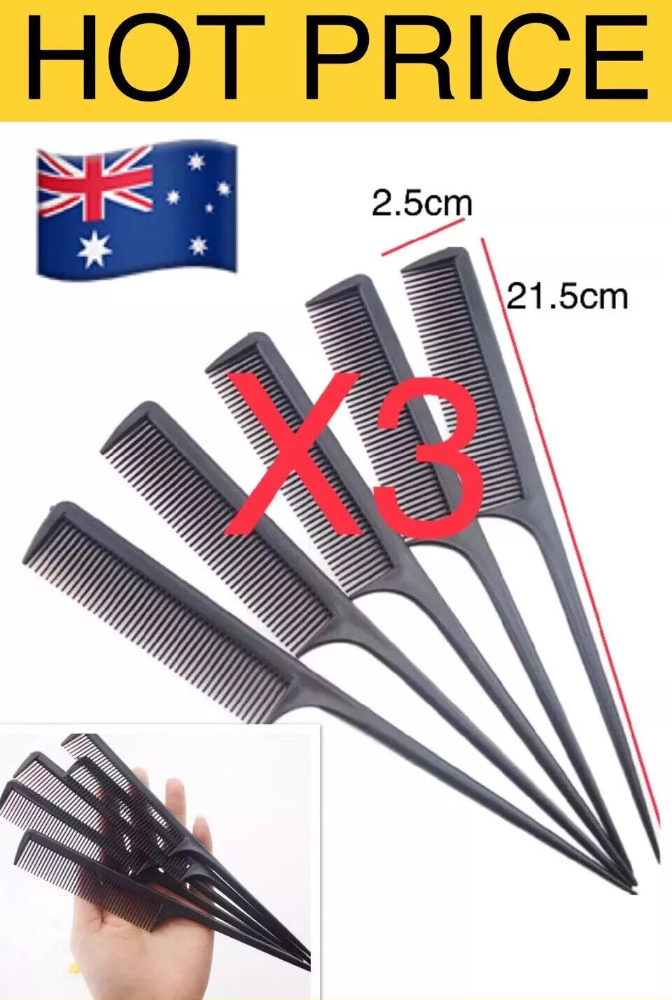 3x Hair Tail Comb Salon Styling Hairdressing Rat Plastic