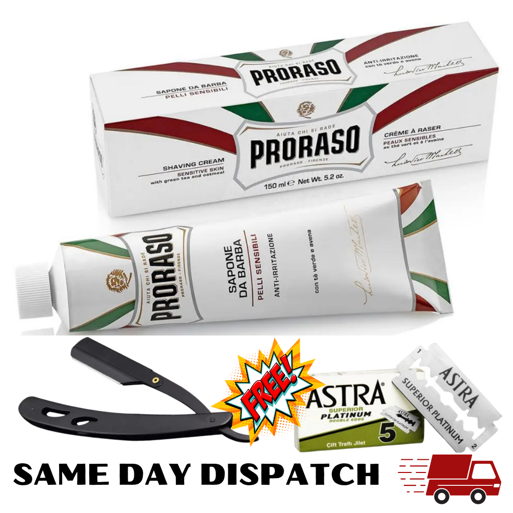 Proraso Green Tea & Oatmeal Sensitive Shaving Cream Tube 150ml + Metal Handle Razor and Astra Blades